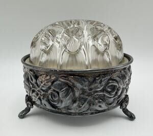 Reims Clear Glass 4.5” Floral Frog France w Silver Plate Base by de Uberti Italy